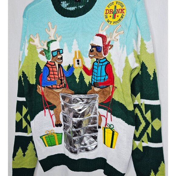 Blizzard Bay Men's Campfire Reindeer Ugly Christmas Sweater Drink Pocket Small - Picture 2 of 7